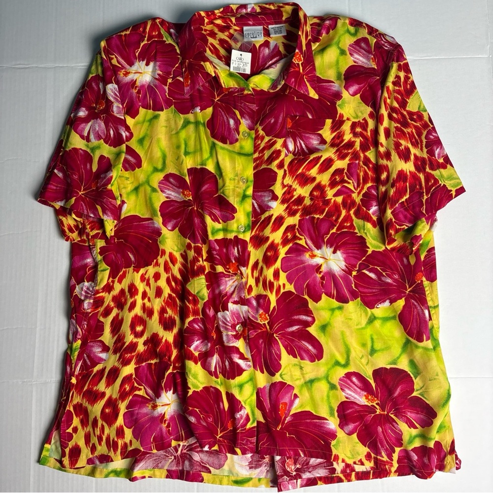Carolina Colours Women’s 28W Shirt Tropical Flowers Pink Yellow Button Rayon New